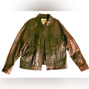 Vintage Y2K Gap Blue Jeans Men Size Large Brown Leather Trucker Jacket Logo